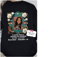 Load image into Gallery viewer, Jackie Torrez Memorial Shirt - "Love Should Never Hurt" - Hooded or Crewneck Sweatshirt - Domestic Violence Awareness - Hoodie or Crew - DV