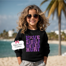 Load image into Gallery viewer, Jackie Torrez Memorial Shirt - "Love Should Never Hurt" - YOUTH Black T-Shirt, Hoodie or Crewneck Sweatshirt - Domestic Violence Awareness - Hooded Crew Tee - DV