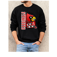 Load image into Gallery viewer, Loud & Proud Cardinals! Black T-Shirt, Hoodie or Crewneck Sweatshirt, Millington Cardinal Spirit Wear! Spiritwear