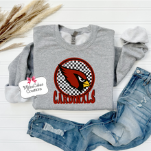 Load image into Gallery viewer, Checkered Cardinals! Grey T-Shirt, Hoodie or Crewneck Sweatshirt, Millington Cardinal Spirit Wear! Spiritwear
