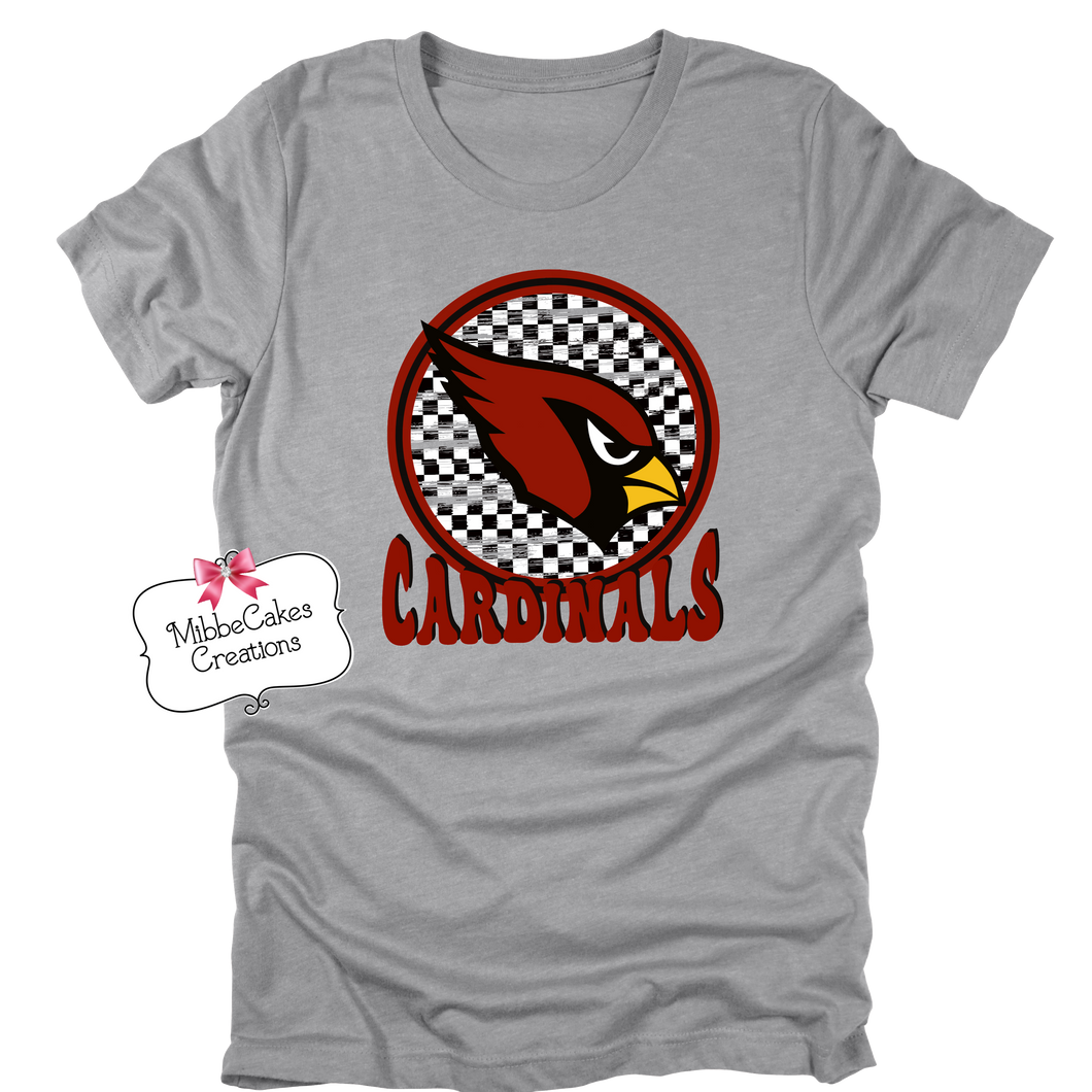 Checkered Cardinals! Grey T-Shirt, Hoodie or Crewneck Sweatshirt, Millington Cardinal Spirit Wear! Spiritwear