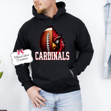 Load image into Gallery viewer, Cardinal and Football, BLACK T-Shirt, Hoodie or Crewneck Sweatshirt, Millington Cardinals Spirit Wear! Spiritwear
