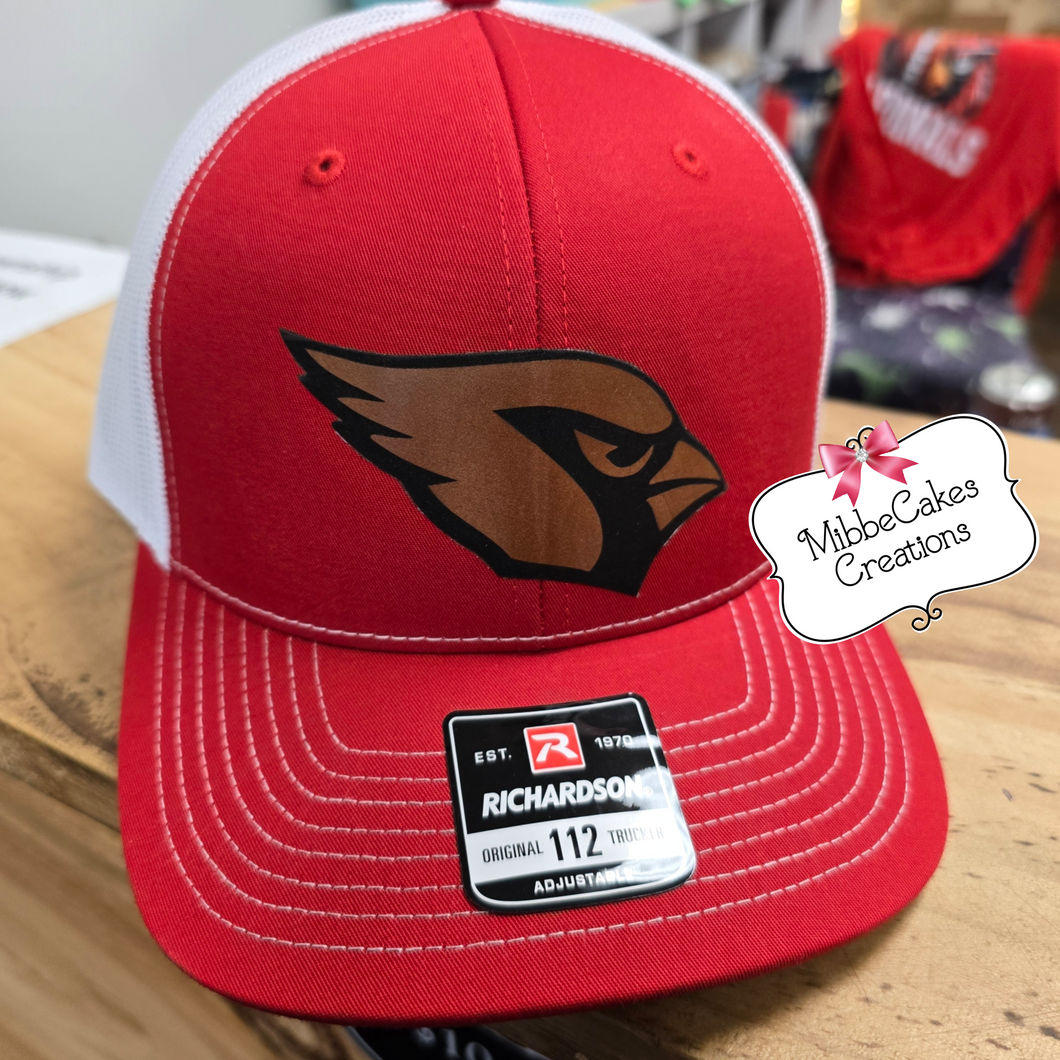 Cardinal Leather Patch Trucker Cap - Baseball Hat - Millington Cardinal Spirit Wear Spiritwear